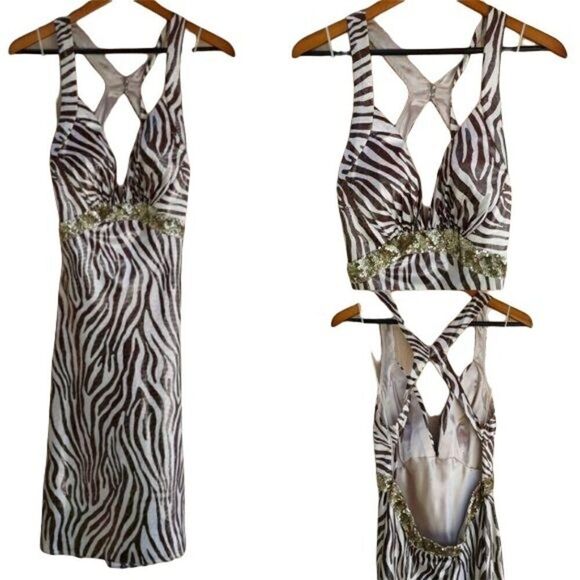 Y2K La Femme Racerback Dress 10 Formal Metallic Bronze Zebra Plunging V Strappy - Picture 1 of 11